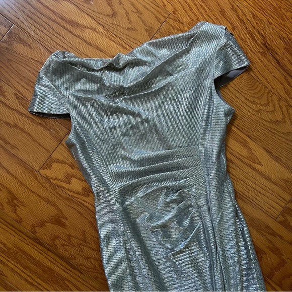Tahari Elegant Silver Off-Shoulder Dress Shiny Long Maxi Formal Size 6 - Picture 1 of 16